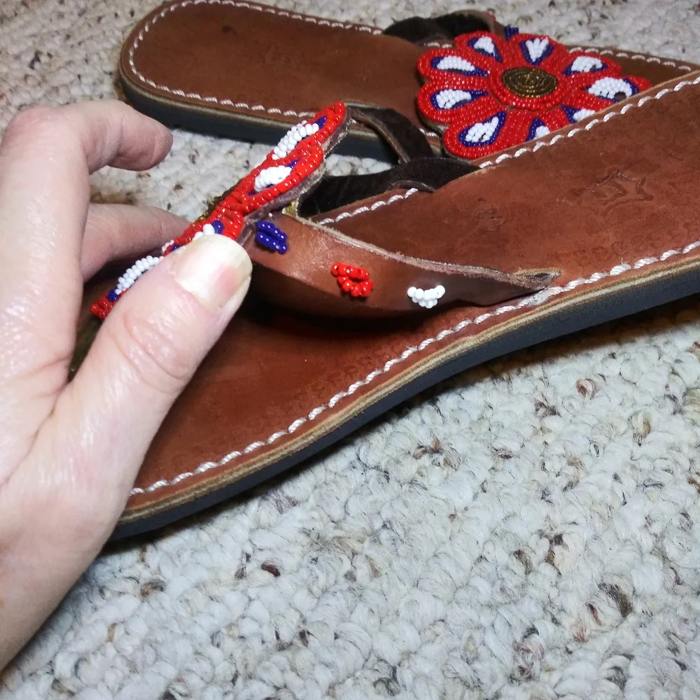 Boho Handmade Red, White, Blue & Gold Beaded Flower Thong Sandals - Picture 4 of 9